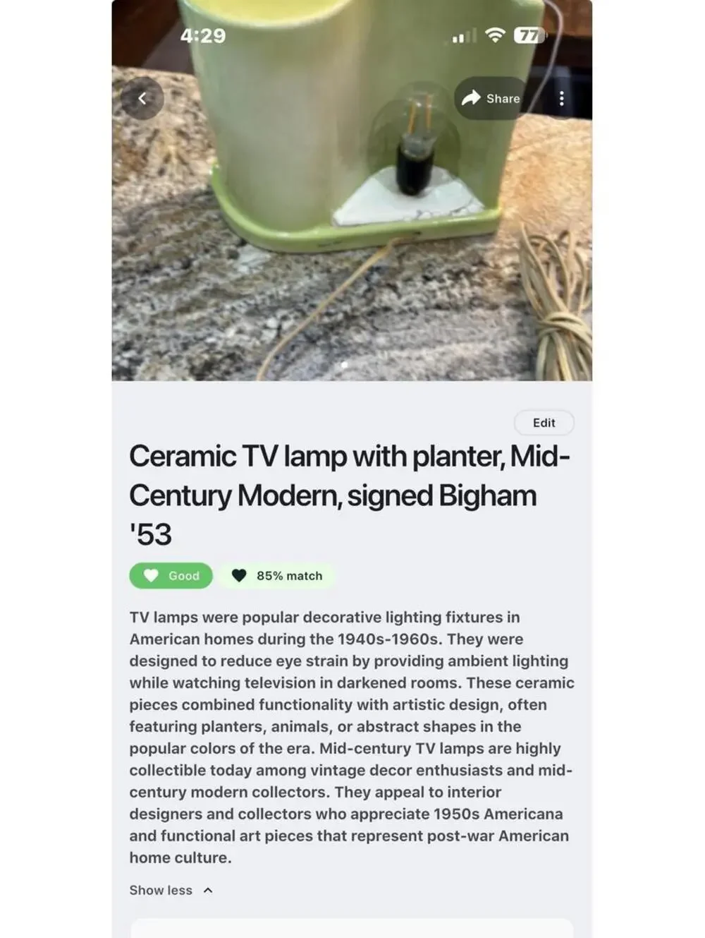 Mid-Century Modern Ceramic TV Lamp with Planter, Signed Bigham '53